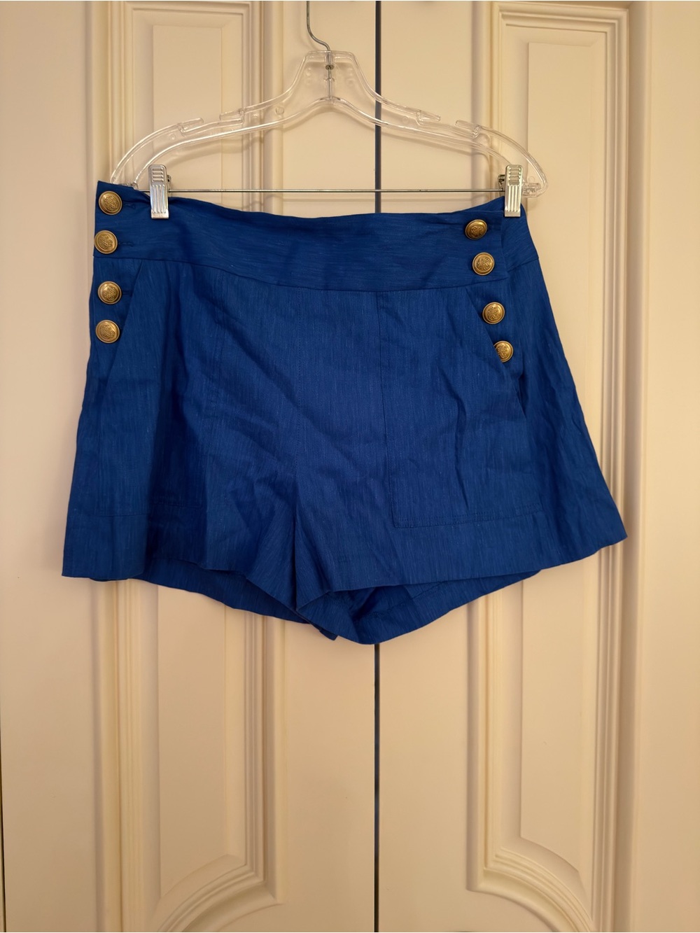 Alice + Olivia Royal Blue High-Waist Sailor Shorts with Gold Buttons